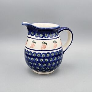 Boleslawiec Polish Pottery Peacock Strawberries Pitcher Jug 6"